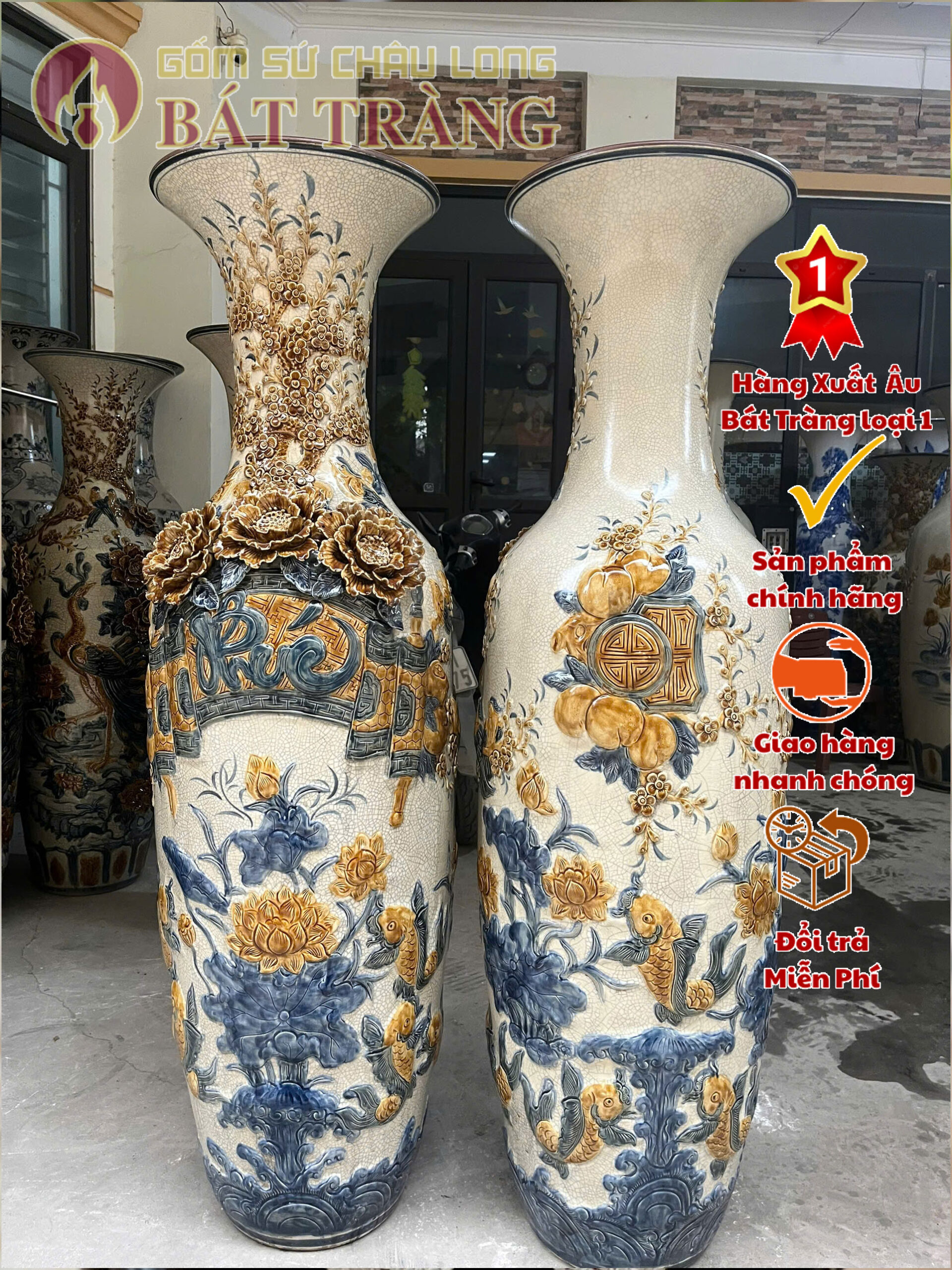 Bình lộc đắp nổi Sen - Phúc - Đức