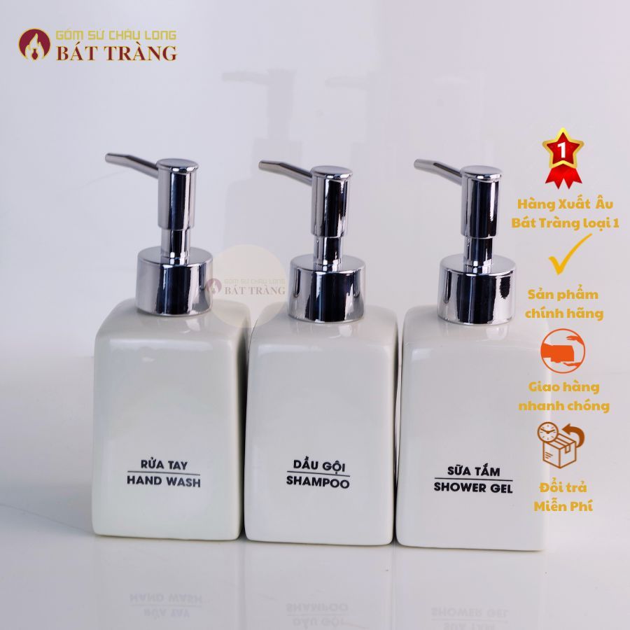 Bình Đựng Sữa Tắm, Nước Rửa Tay, Dầu Gội Gốm Sứ Bát Tràng Dùng Cho Khách sạn, Bình Dáng Vuông 300ml - Ảnh 2