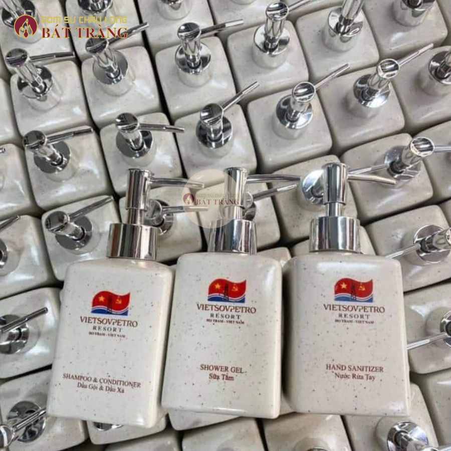 Bình Đựng Sữa Tắm, Nước Rửa Tay, Dầu Gội Gốm Sứ Bát Tràng Dùng Cho Khách sạn, Bình Dáng Vuông 300ml - Ảnh 4